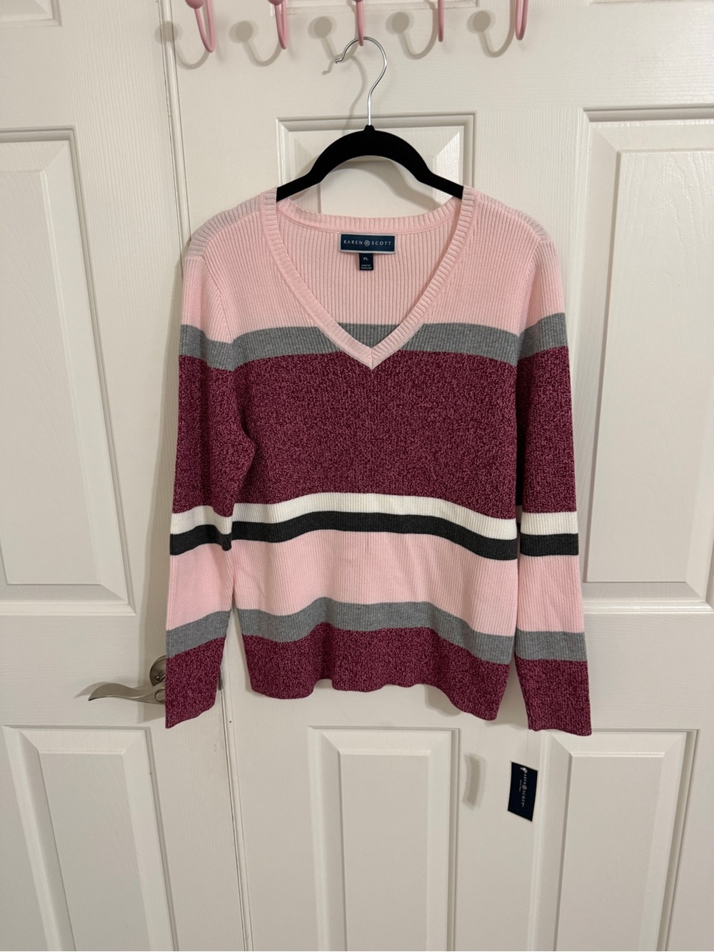Karen Scott Petite L Pink Burgundy Striped Cotton V-Neck Ribbed Sweater NWT